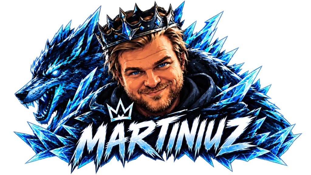 Martiniuz logo med en tegnet figur av Martin med krone, omgitt av en isblå ulv og iskrystaller