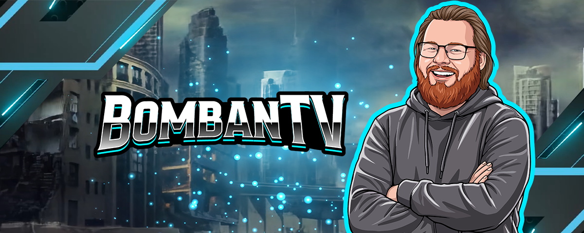 BombanTV banner med en tegnet figur av Fredrik i grå hettegenser foran en futuristisk by