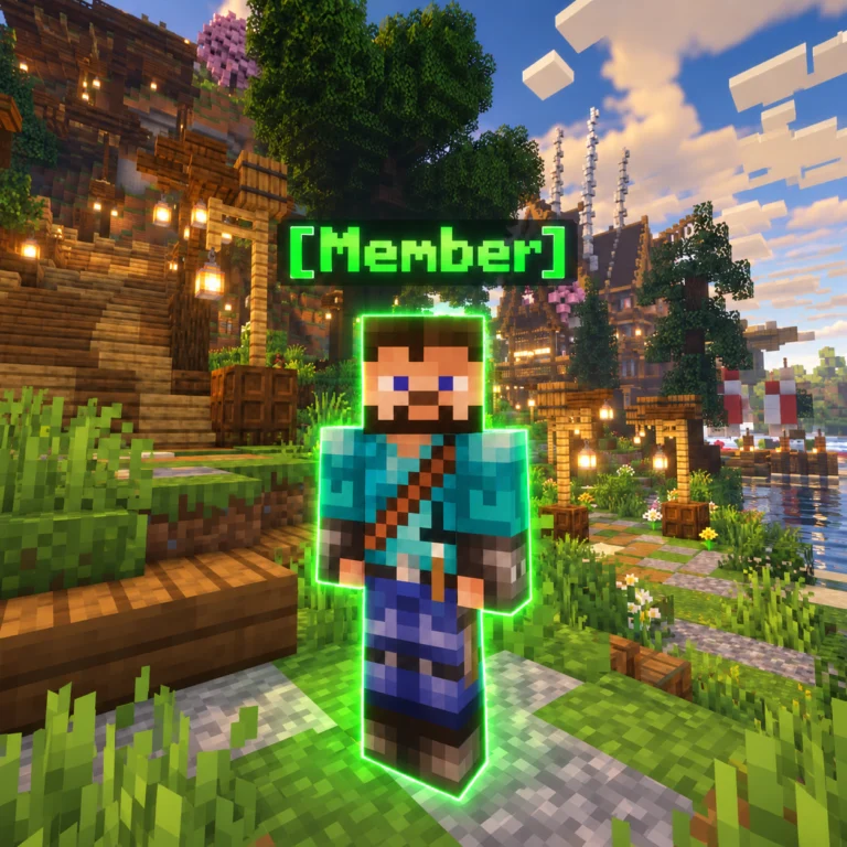 Minecraft-figur med grønn [Member]-tag foran en landsby med lykter og trær