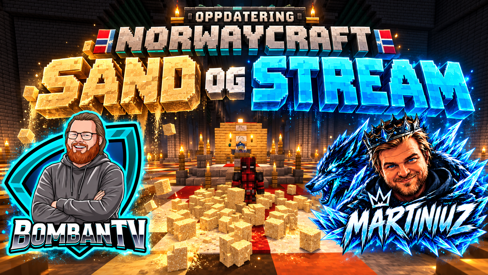 Forsidebilde for NorwayCraft oppdateringen Sand og stream, med BombanTV og Martiniuz foran en haug med sandblokker i en Minecraft hall